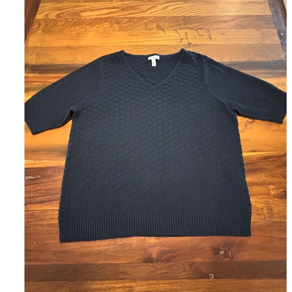 Ella Moss Womens Black Textured V-Neck Short Sleeve Sweater XL